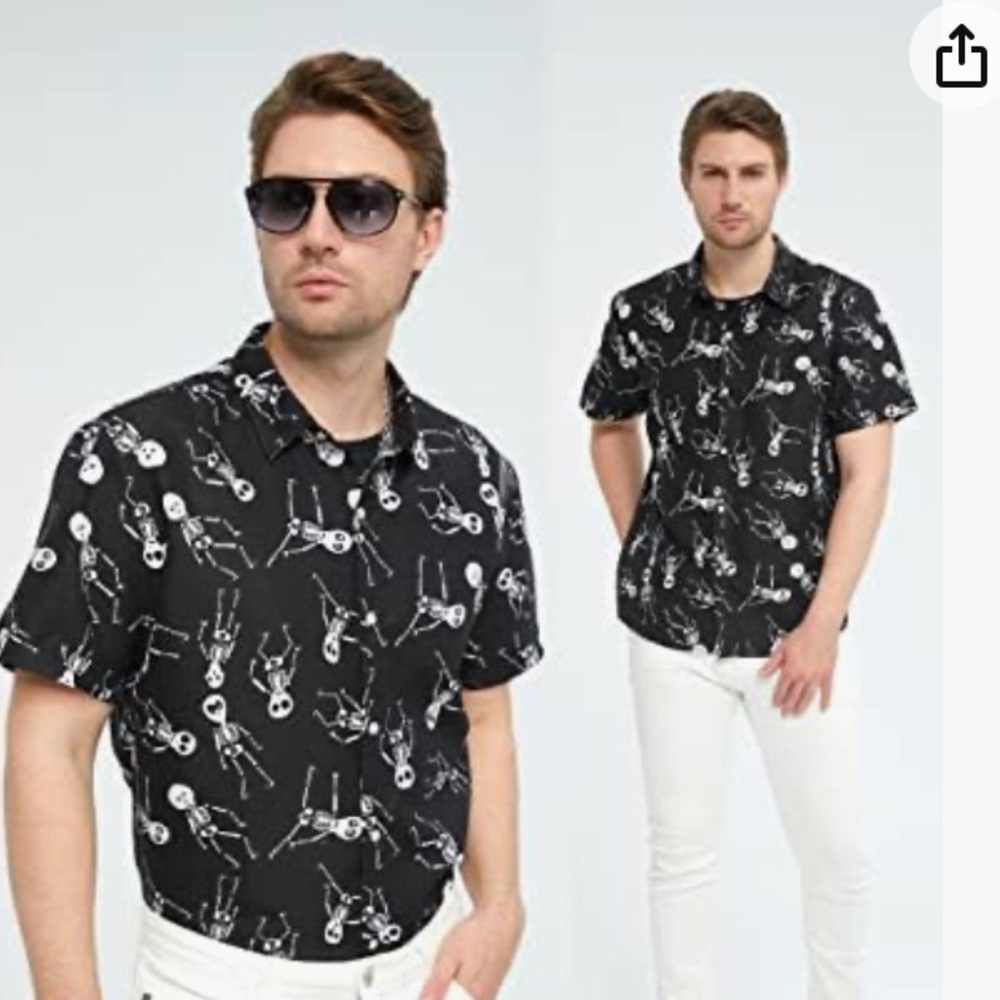 NWT SSLR men’s short sleeve, button-down shirt,black/white skeleton. L